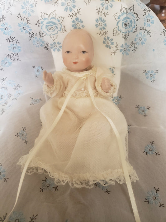 Vintage Porcelain Bisque Baby Doll in Christening Gown