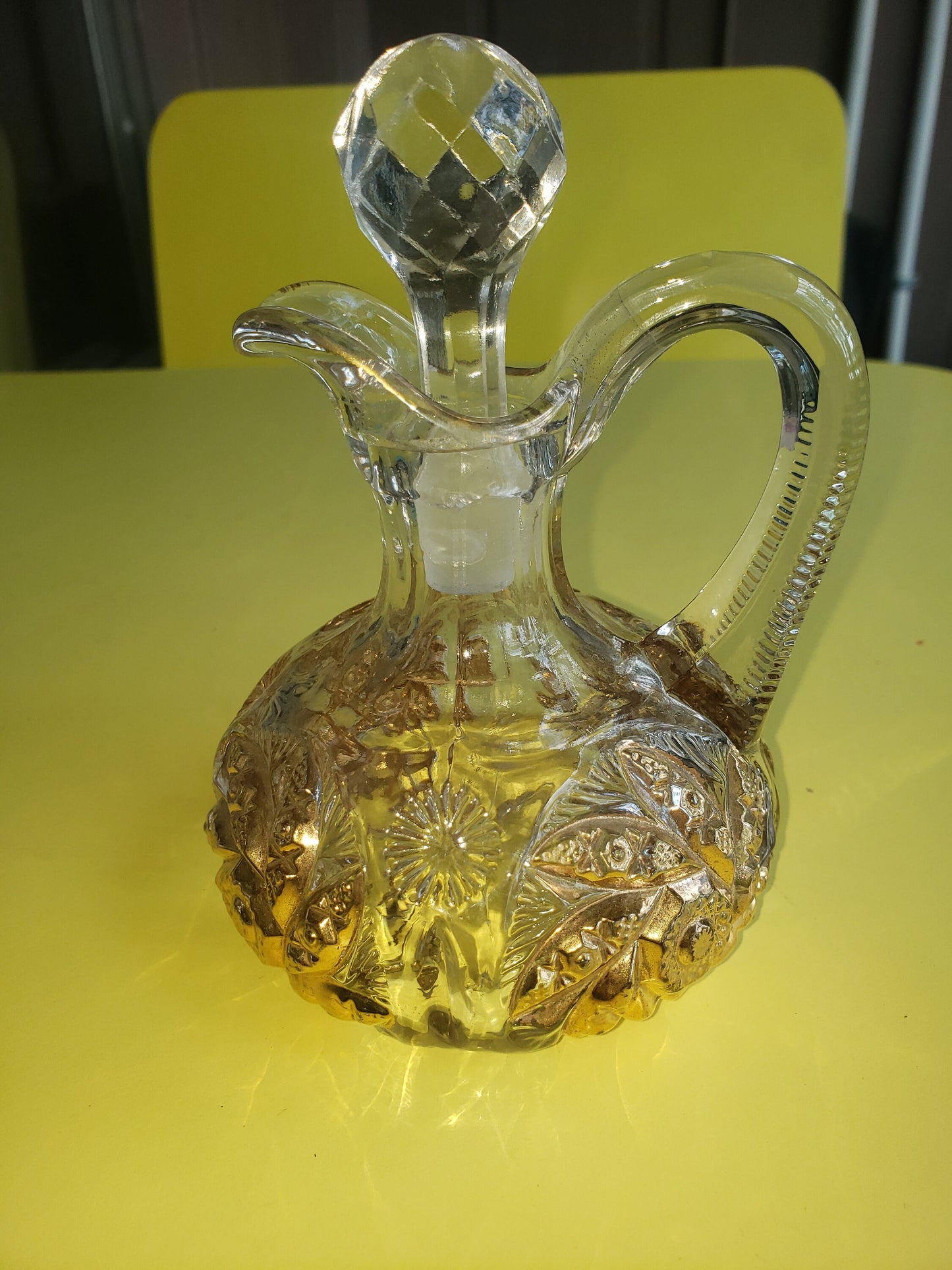 Vintage Crystal Cruet with Gold Flash and Prism Glass Stopper