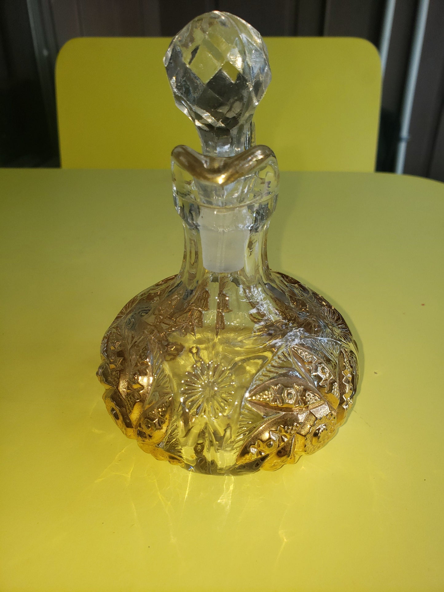 Vintage Crystal Cruet with Gold Flash and Prism Glass Stopper