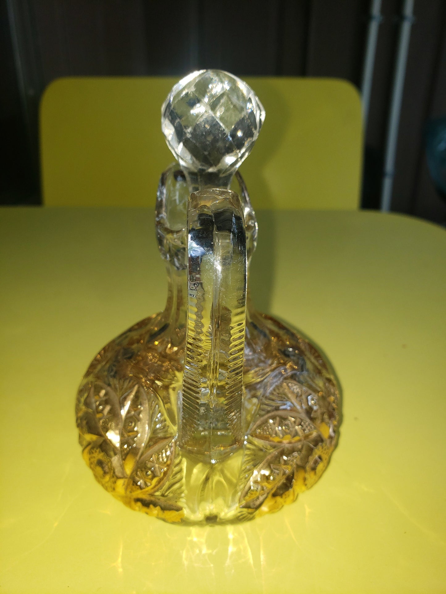 Vintage Crystal Cruet with Gold Flash and Prism Glass Stopper