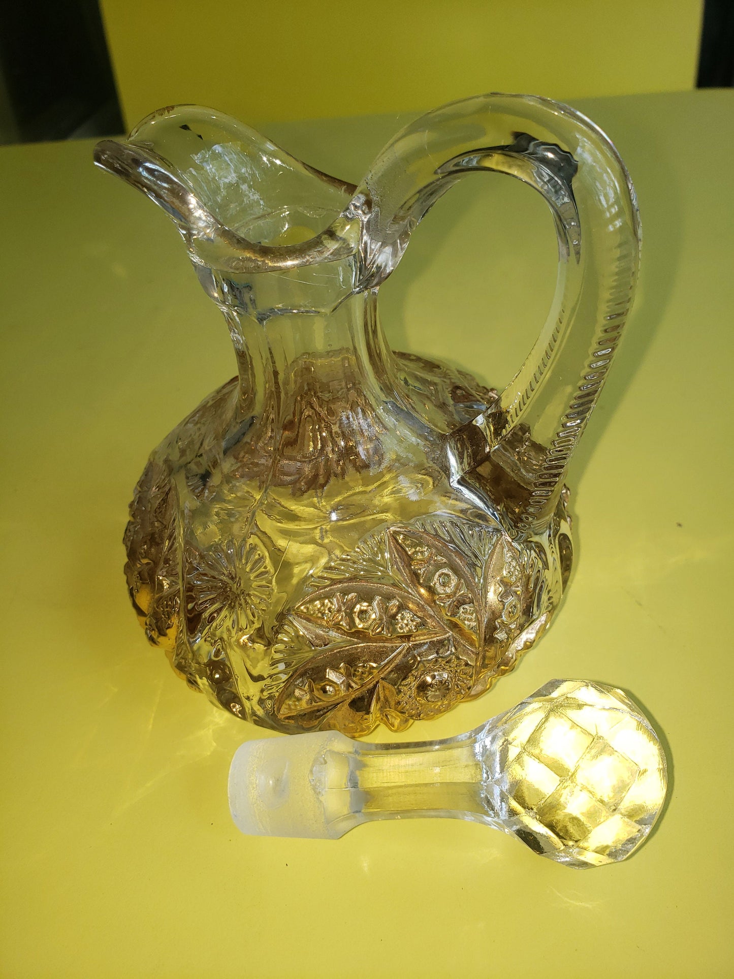 Vintage Crystal Cruet with Gold Flash and Prism Glass Stopper