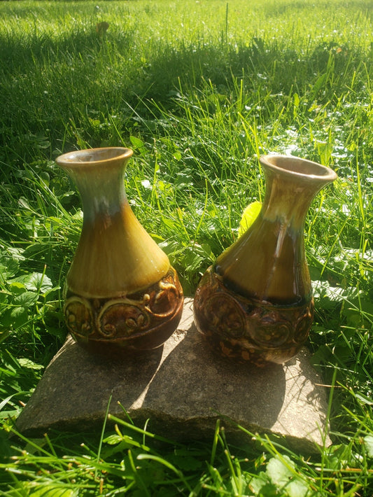 Vintage Hosley TM Potteries Brown Drip Glazed Vase Set of 2