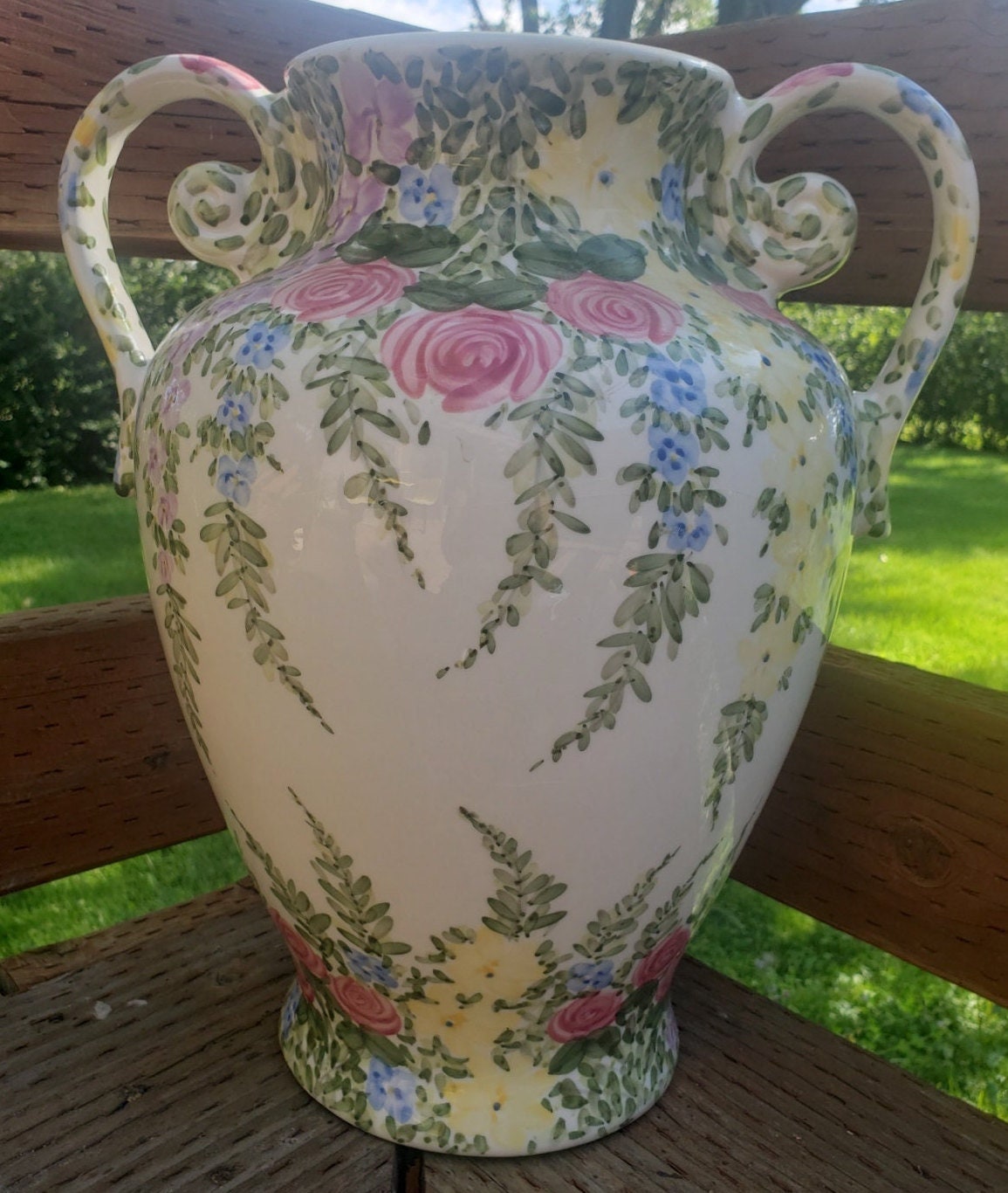 Tabletops Unlimited 'English Garden' by Don Swanson Hand Painted Double Handle Vase