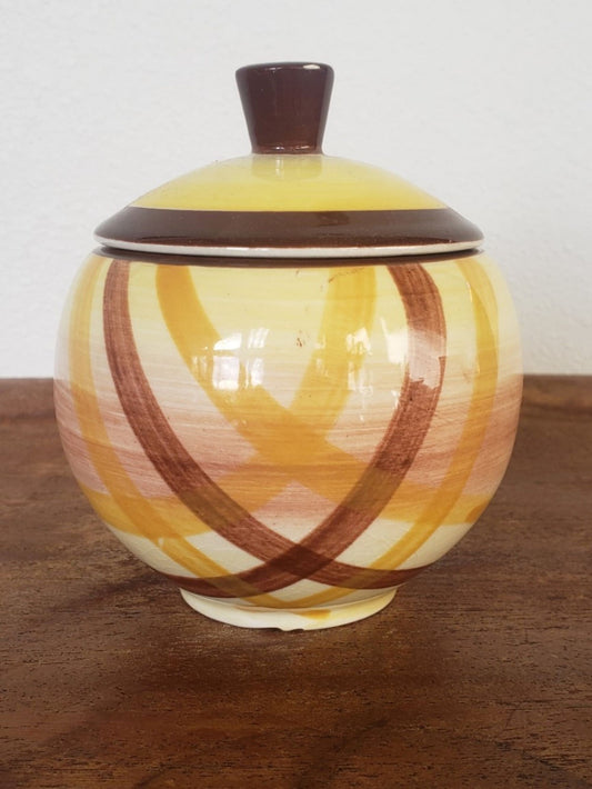 Vintage Cute Little Yellow and Brown Plaid Sugar Bowl with Lid